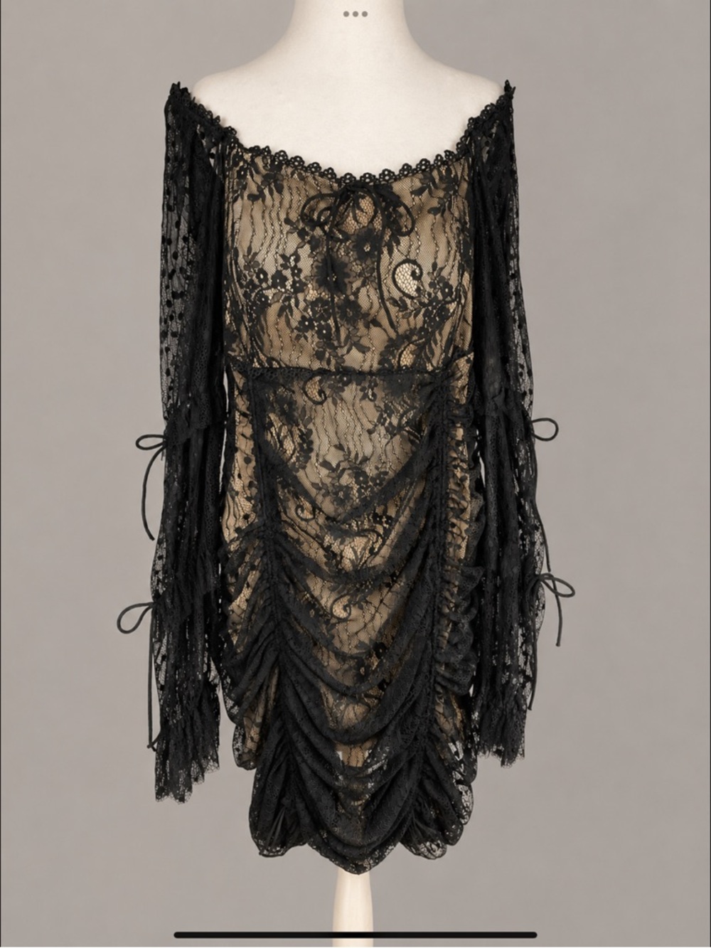 NWT BLACK LACE OFF SHOULDER RUCHED DRESS GOTHIC ROMANTIC NUDE ILLUSION LINING XL